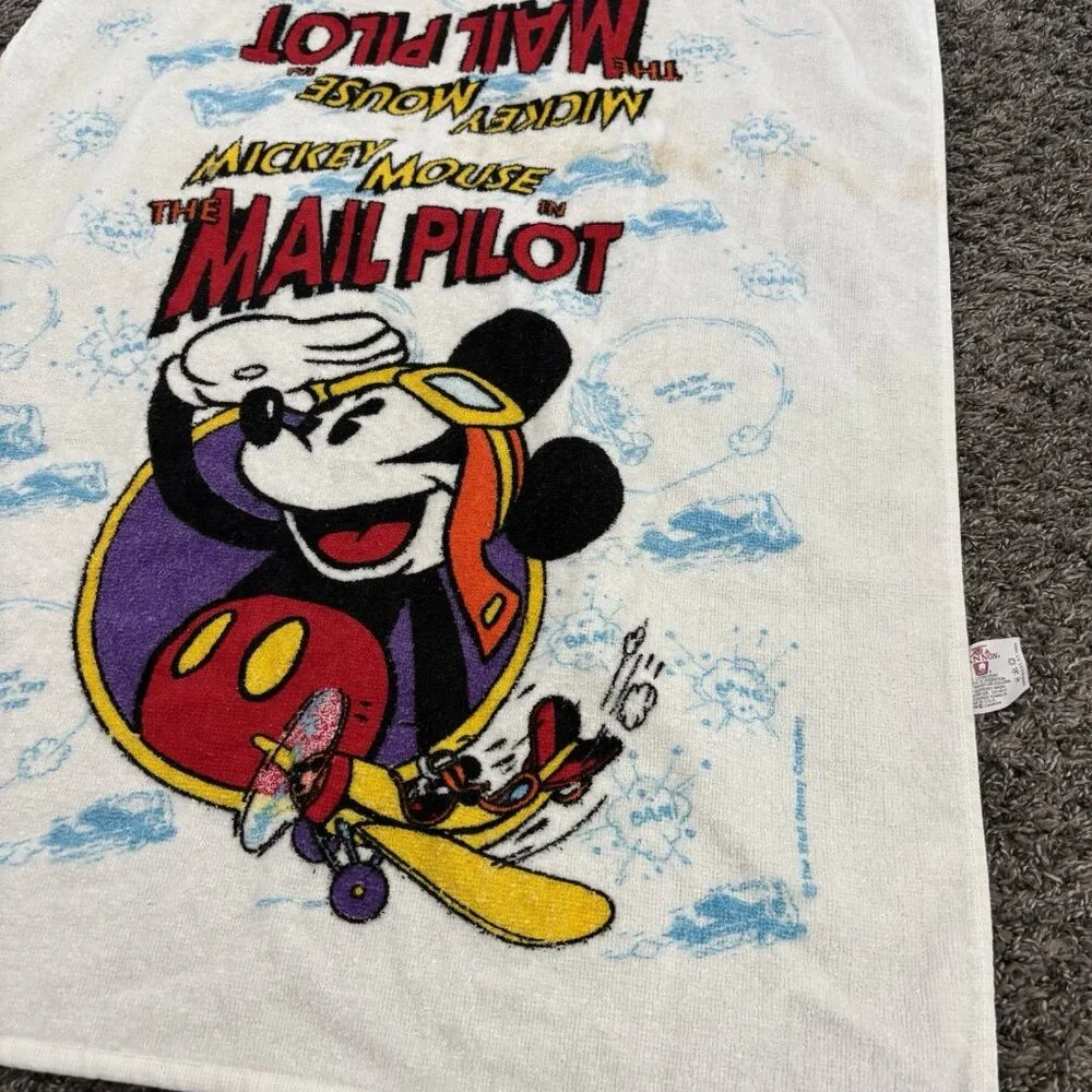 Vintage 90s  Disney Bath Towel & Washcloth Mickey Mouse Mail Pilot See Pics